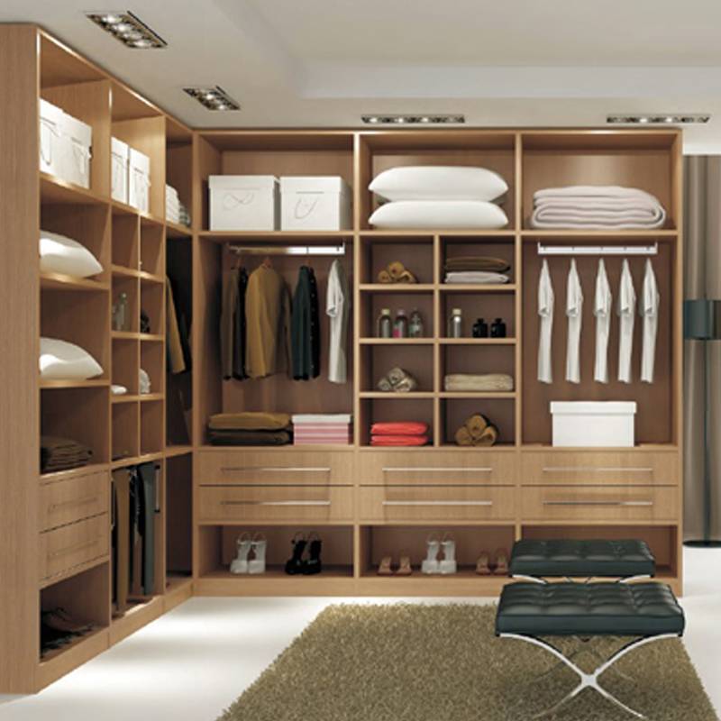 Modern woodgrain laminate walk in wardrobe design