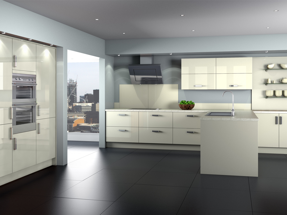 Customized Built-in Glossy Beige Laminated Kitchen Furniture