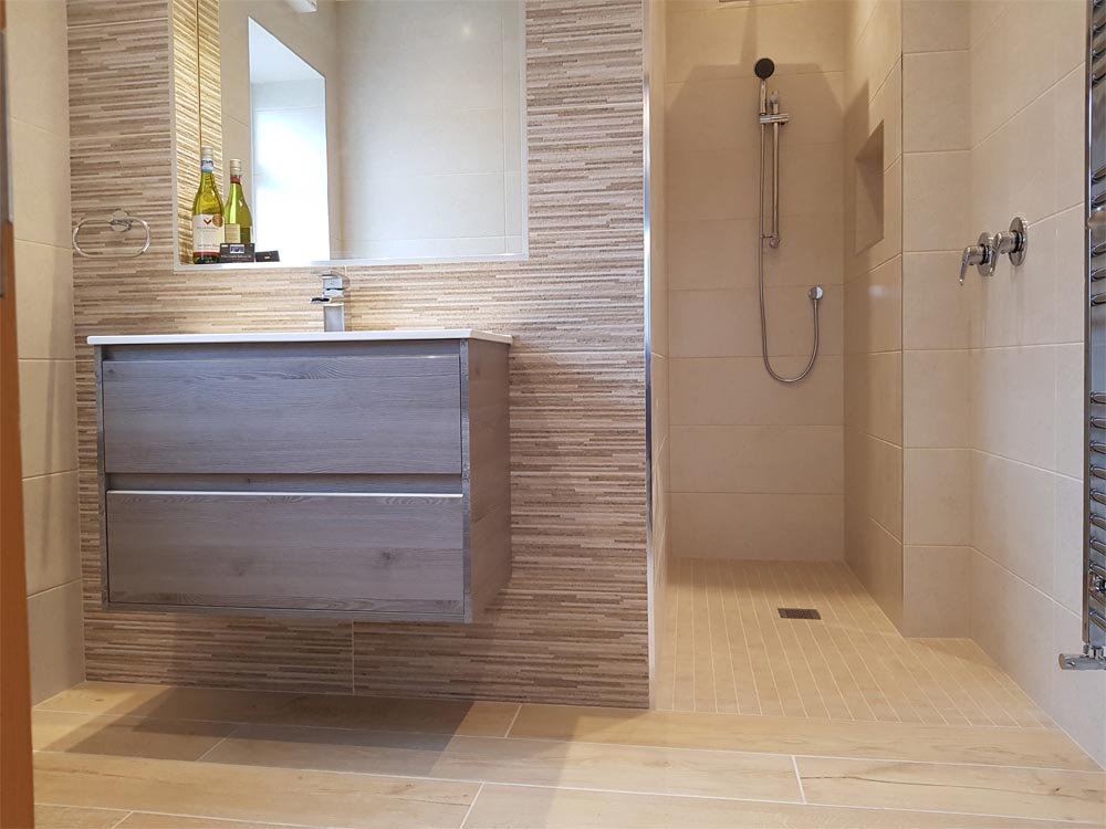 wood grain ensuite with basin  